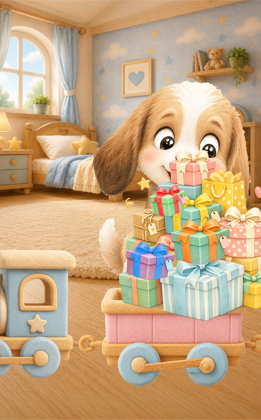 Flip book animation card - A cute cartoon puppy with long brown and white ears sits in a cozy children's bedroom, pushing a pink toy cart loaded with colorful wrapped gift boxes. A blue toy train is visible on the left, and the room has light blue walls, wooden furniture, and warm sunlight.