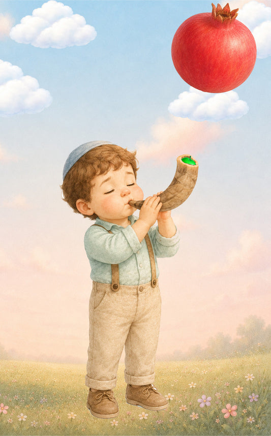 A whimsical flipbook for rosh hashanah illustration of a young child in a light blue shirt and beige overalls blowing a horn in a grassy field under a blue sky with clouds, with a large red pomegranate floating above.