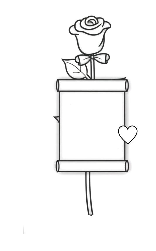 Black and white line art illustration of a rose with a blank scroll design and a small heart on the side. Flip book animation