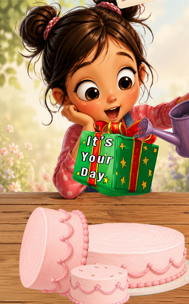 Animated stop motion book - A cartoon-style illustration of a girl with brown pigtails smiling behind a table with pink cakes, holding a gift box that says 'It's Your Day' and pouring from a purple watering can in a soft outdoor setting.