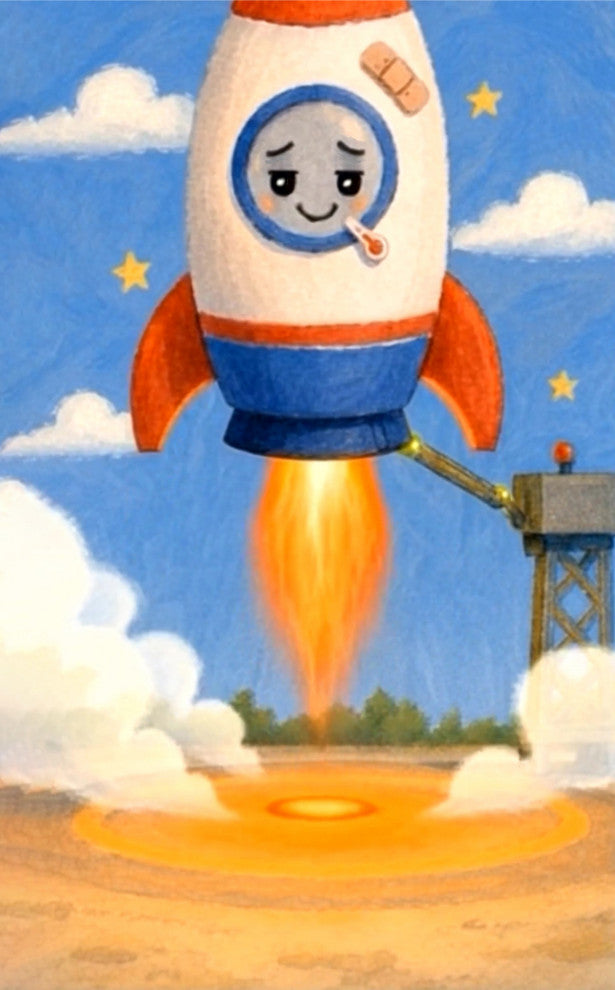 Recovery gift for boys- Flipbook animation gift - A whimsical painted illustration of a smiling rocket ship launching into a blue sky with clouds, stars, and a bright orange flame. The rocket has a white body with orange and blue sections, a round window with a face, and a small bandage on its forehead.