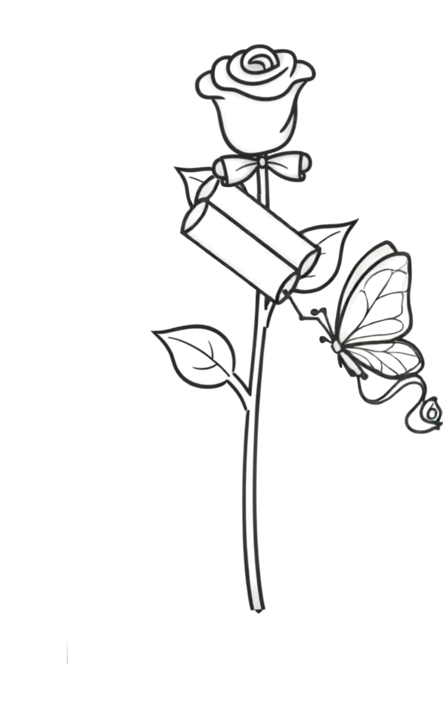 Coloring stop motion book - Black and white line art illustration of a rose with a rolled paper envelope tied to its stem and a butterfly beside it, on a plain white background.