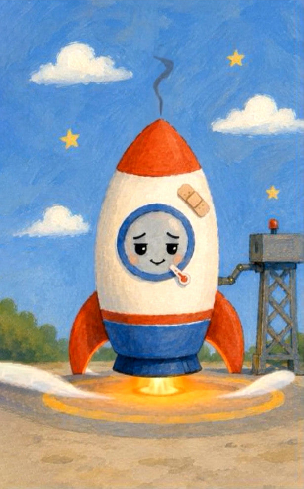 Stop motion recovery gift - A whimsical painted rocket ship with a sad face, bandage on its side, and bright orange flames at its base, set against a blue sky with clouds and stars.