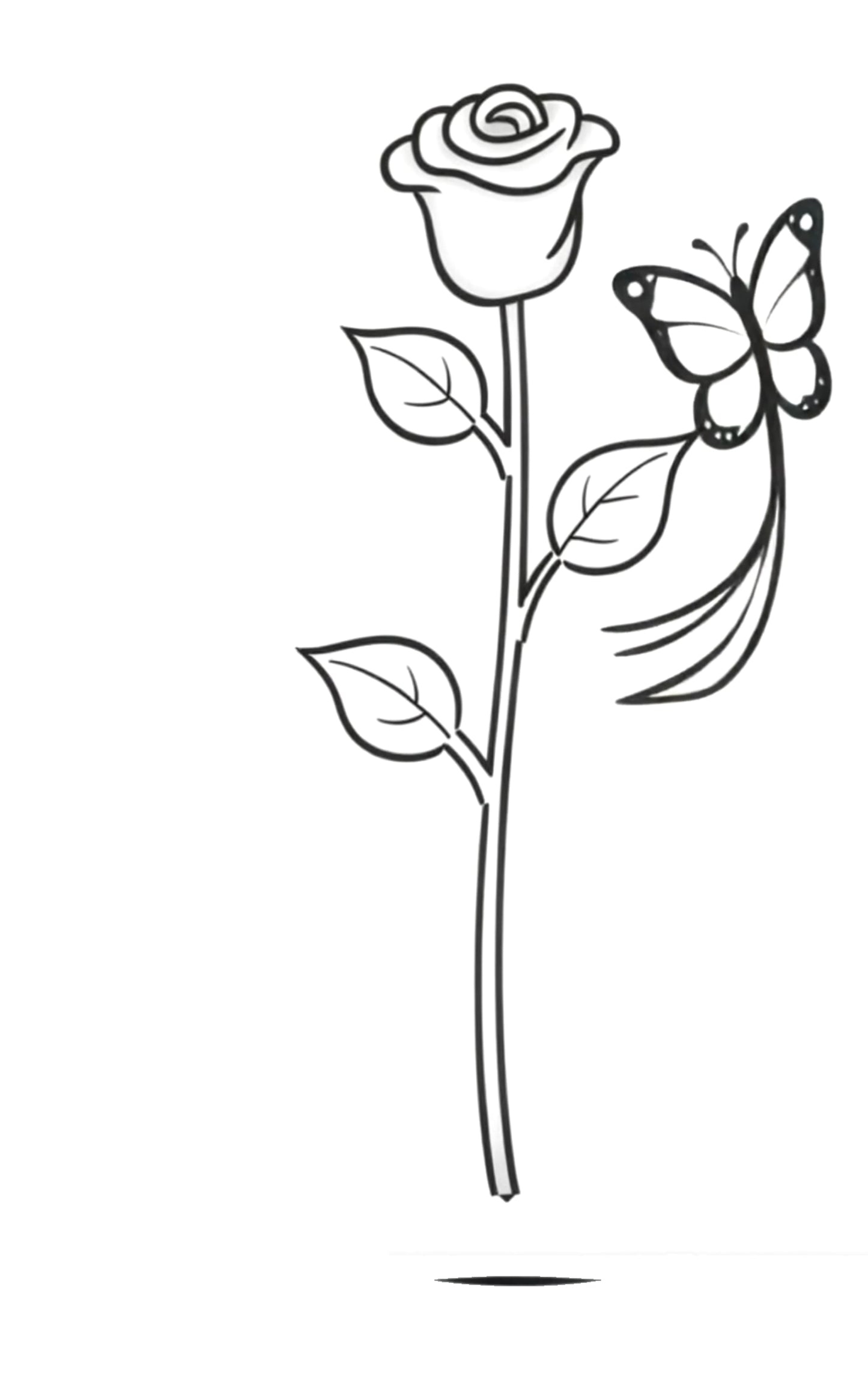 Color your own animation book - Black line art illustration of a rose stem with leaves and a butterfly on a white background.