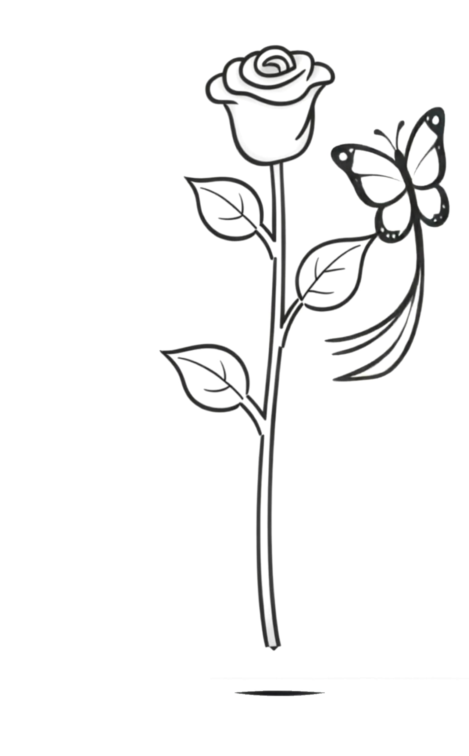 Color your own animation book - Black line art illustration of a rose stem with leaves and a butterfly on a white background.