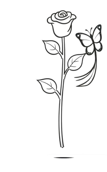 Color your own animation book - Black line art illustration of a rose stem with leaves and a butterfly on a white background.