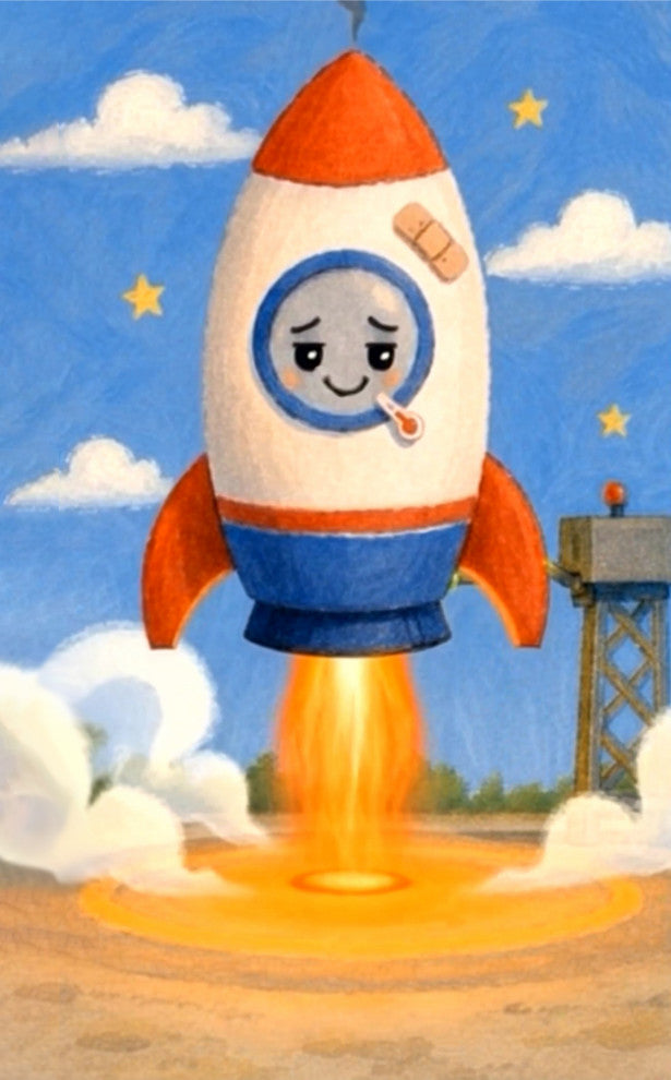 Animation flipbook for hospital gift - A whimsical illustration of a cartoon rocket ship launching into a blue sky with clouds, stars, and a launch tower. The rocket is white with orange and blue sections, and it has a small bandage on its side and a thermometer in its window.