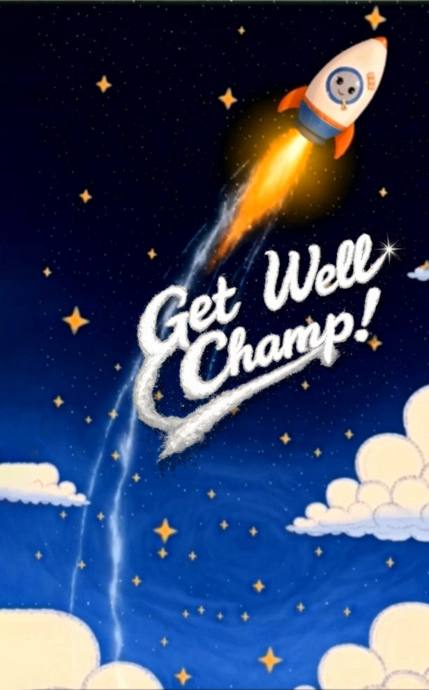 Animated Stop motion flip book for boys - A cartoon-style space scene with a rocket launching upward, stars, clouds, and the phrase “Get Well Champ!” in large white script across the center.