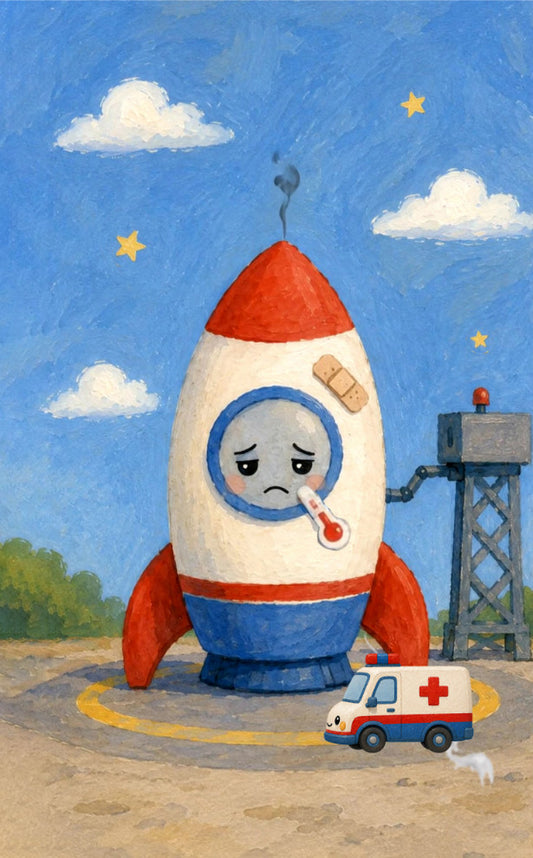 Flipbook animated recovery greeting - A whimsical painted scene shows a sad rocket-shaped character with a thermometer on its face, standing on a runway-like surface under a blue sky with clouds and stars. A small ambulance with a red cross is parked nearby, along with a gray tower structure.