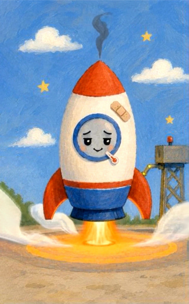 Flip book animation book for sick kids - A whimsical painted illustration of a smiling rocket ship on a launch pad under a blue sky with clouds and stars. The rocket is white with orange and blue sections, has a bandage on its side, and a thermometer in its window, with flames shooting out from the bottom.
