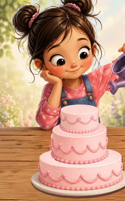 Happy birthday stop motion card book - A stylized illustration of a young girl with brown pigtails smiling beside a three-tier pink frosted cake on a wooden table, with a soft blurred outdoor garden background.