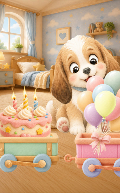 Flip stop motion animated book - A cute cartoon-style puppy in a cozy bedroom scene, with a pink birthday cake on a cart on the left and pastel balloons on a cart on the right. The room has light blue walls, wooden furniture, and warm sunlight coming through the window.