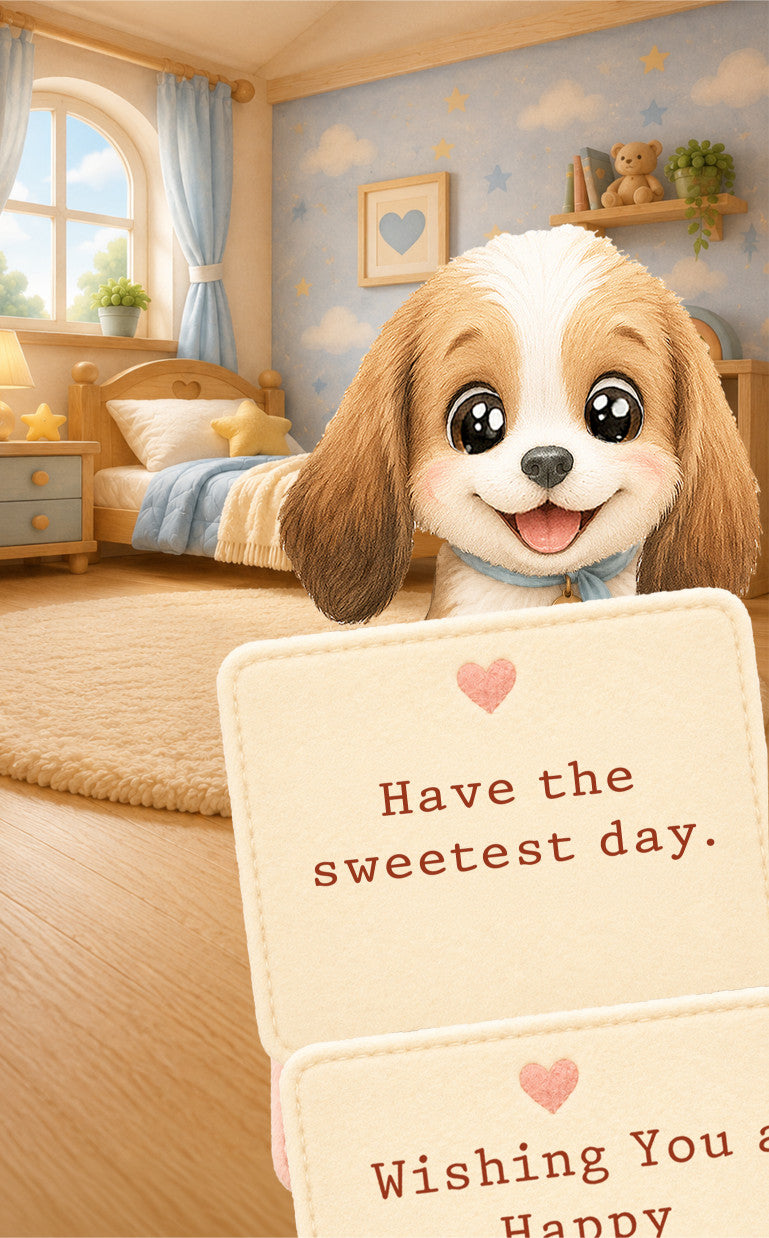 Flip book A cute cartoon dog with large expressive eyes and floppy ears sits in a cozy bedroom, holding two cream-colored cards that say 'Have the sweetest day.' and 'Wishing You a Happy' in a warm, soft-focus background.