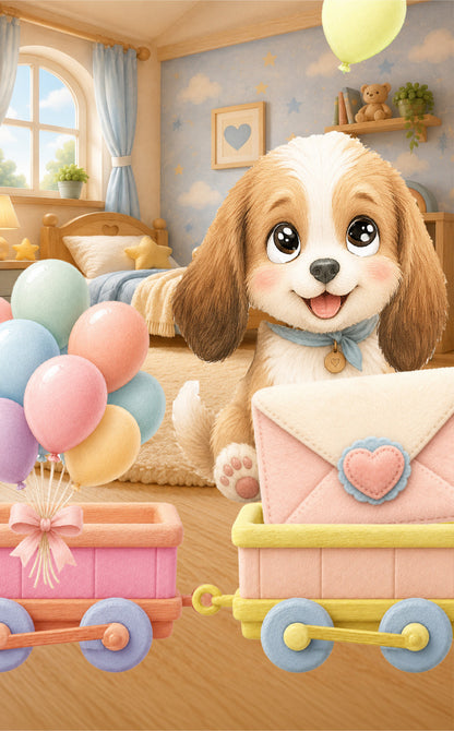 Stop motion flip book - A cute cartoon puppy in a cozy bedroom scene, smiling beside pastel balloons and pink toy carts with a heart-shaped envelope.