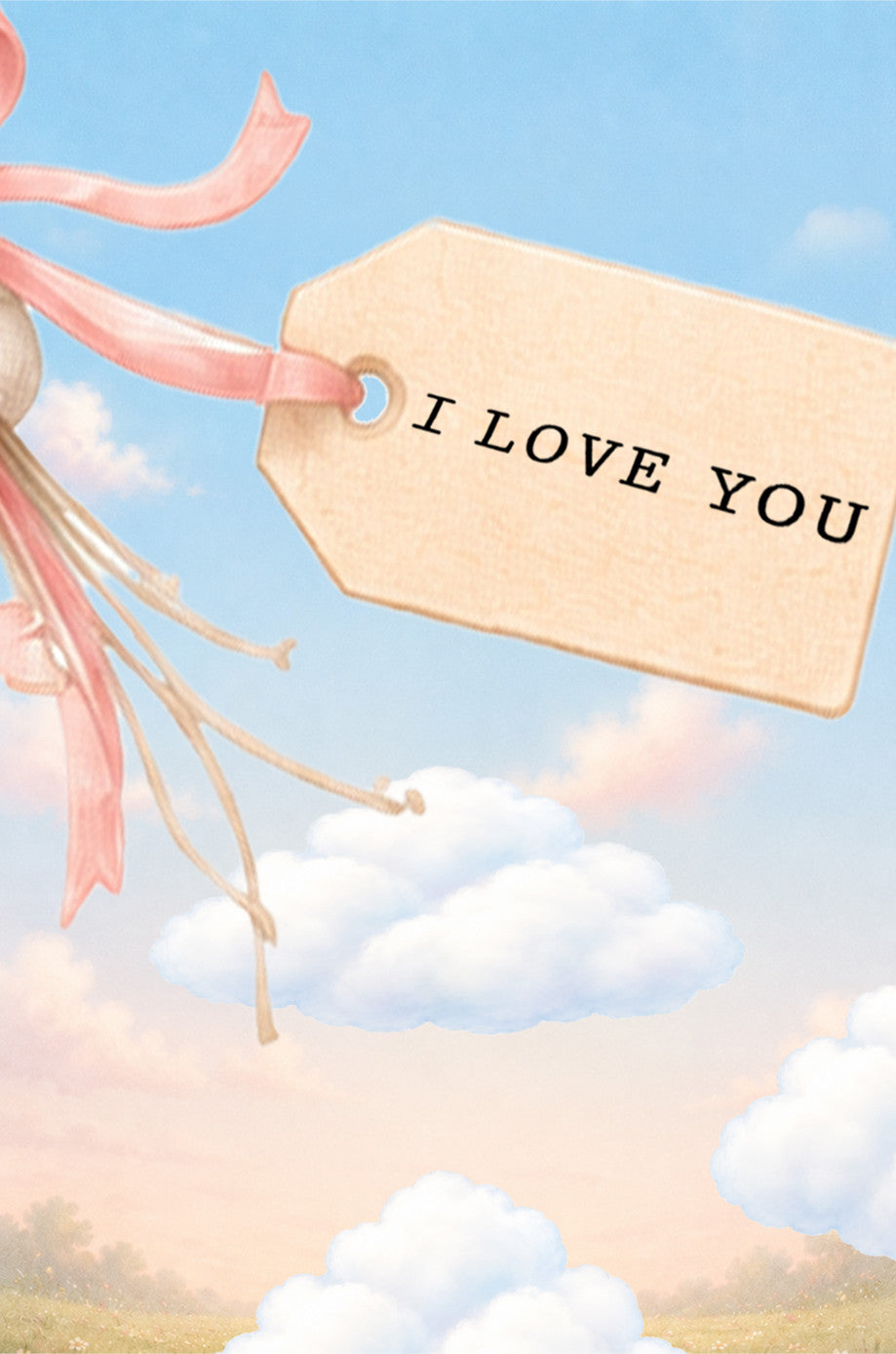 Flip book animation gift - A decorative gift tag with the words 'I LOVE YOU' printed in black serif letters, attached to a soft pink ribbon and shown against a pastel sky with clouds.