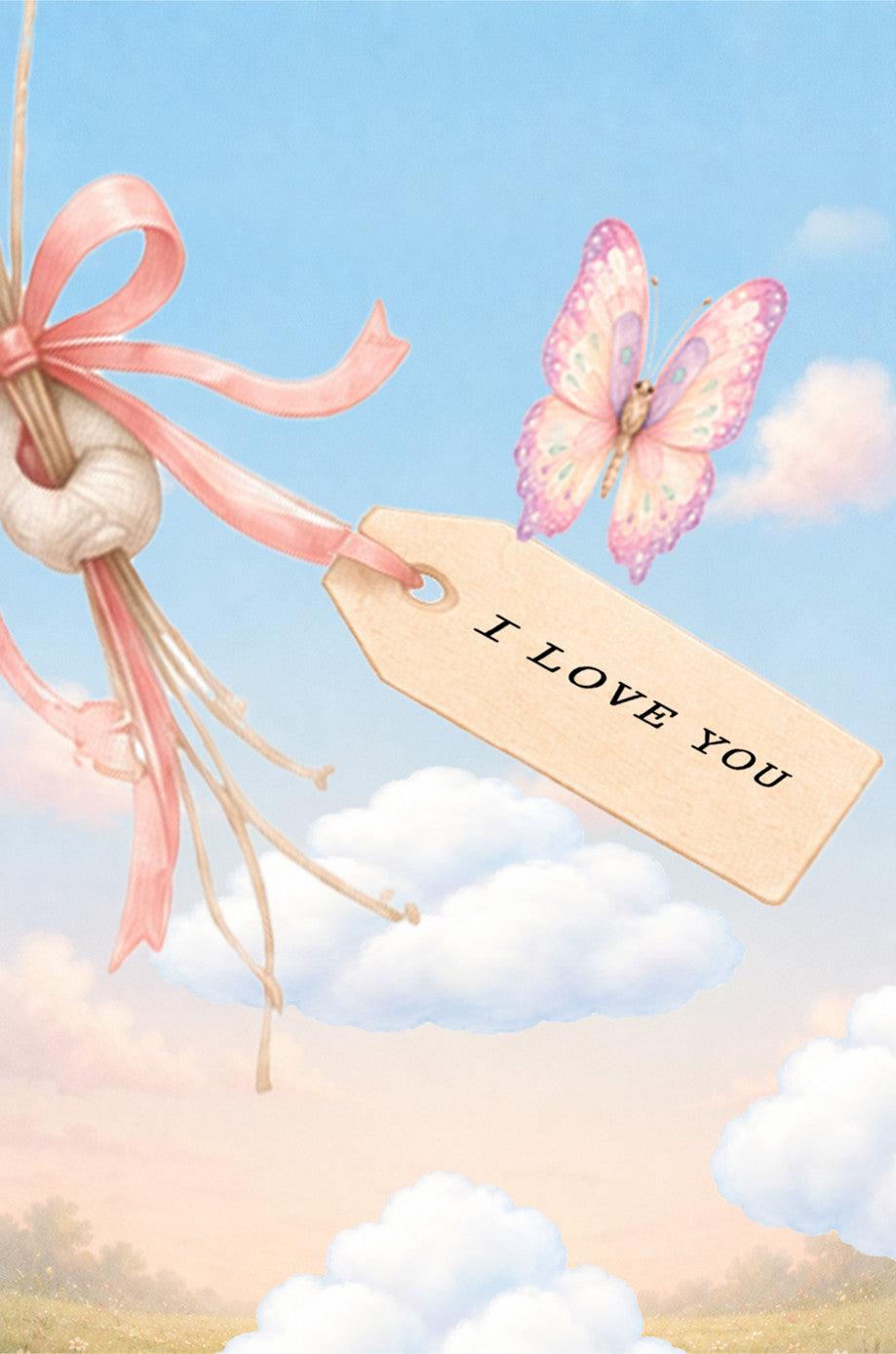 Flip book animated stop motion - A decorative gift tag with the words 'I LOVE YOU' printed in black, attached to a pink ribbon and tied with a white flower, set against a pastel sky background with clouds and a pink butterfly.