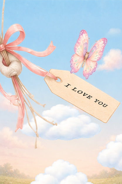 Flip book animated stop motion - A decorative gift tag with the words 'I LOVE YOU' printed in black, attached to a pink ribbon and tied with a white flower, set against a pastel sky background with clouds and a pink butterfly.
