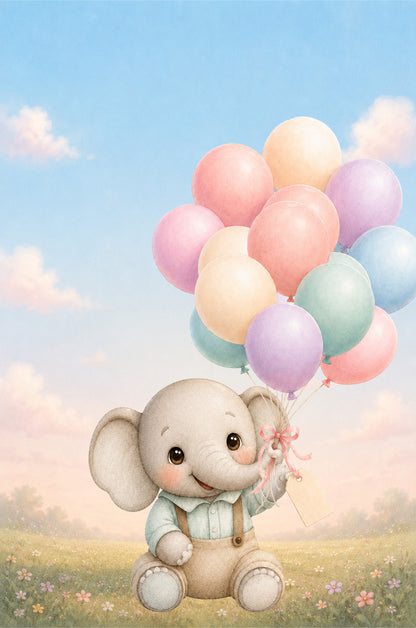 Flipbook animation - A cute pastel illustration of a small elephant sitting in a grassy field and holding a cluster of colorful balloons against a soft blue sky.