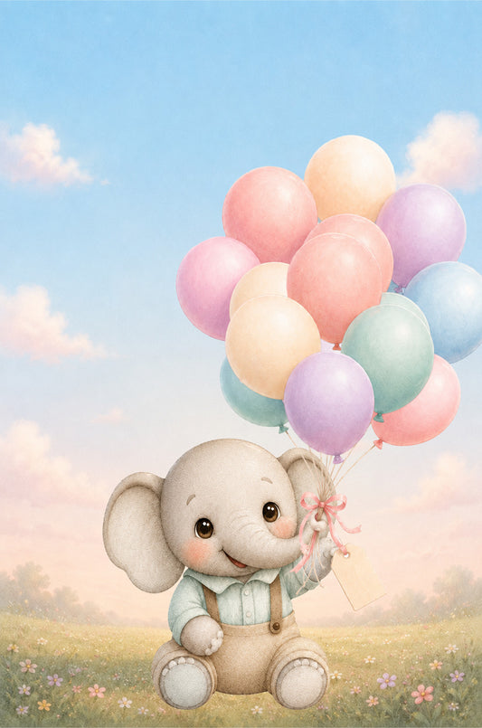 Flipbook animation - A cute pastel illustration of a small elephant sitting in a grassy field and holding a cluster of colorful balloons against a soft blue sky.