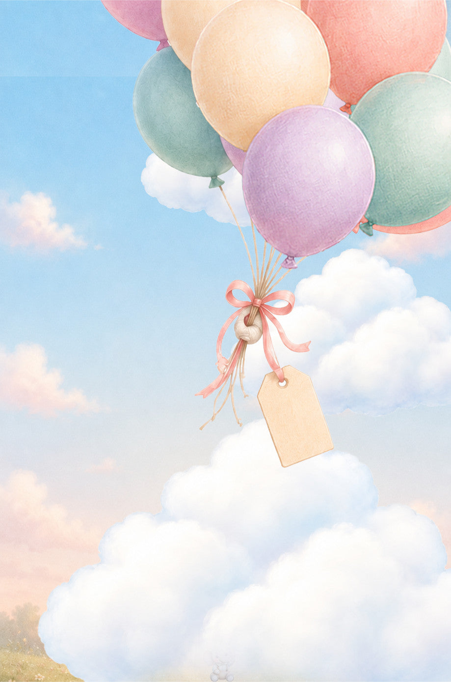 Flip book animated gift - Pastel watercolor-style balloons in pink, peach, lavender, mint, and blue floating above soft white clouds, with a blank beige gift tag tied below by a pink ribbon.