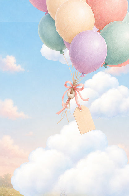 Flip book animated gift - Pastel watercolor-style balloons in pink, peach, lavender, mint, and blue floating above soft white clouds, with a blank beige gift tag tied below by a pink ribbon.