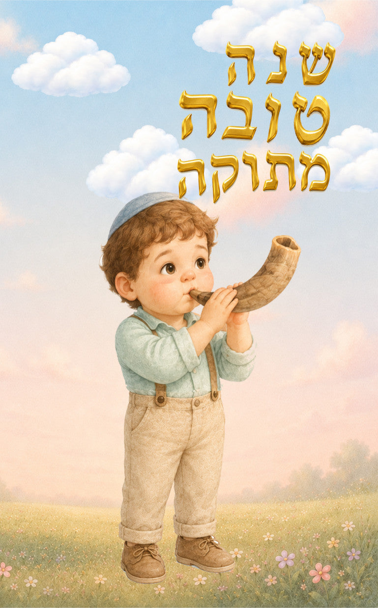 Rosh Hashanah stop motion book card - A soft pastel illustration of a young child wearing a blue kippah and light blue shirt with beige overalls, blowing a shofar horn outdoors under a blue sky with clouds. Large gold Hebrew text appears at the top right.