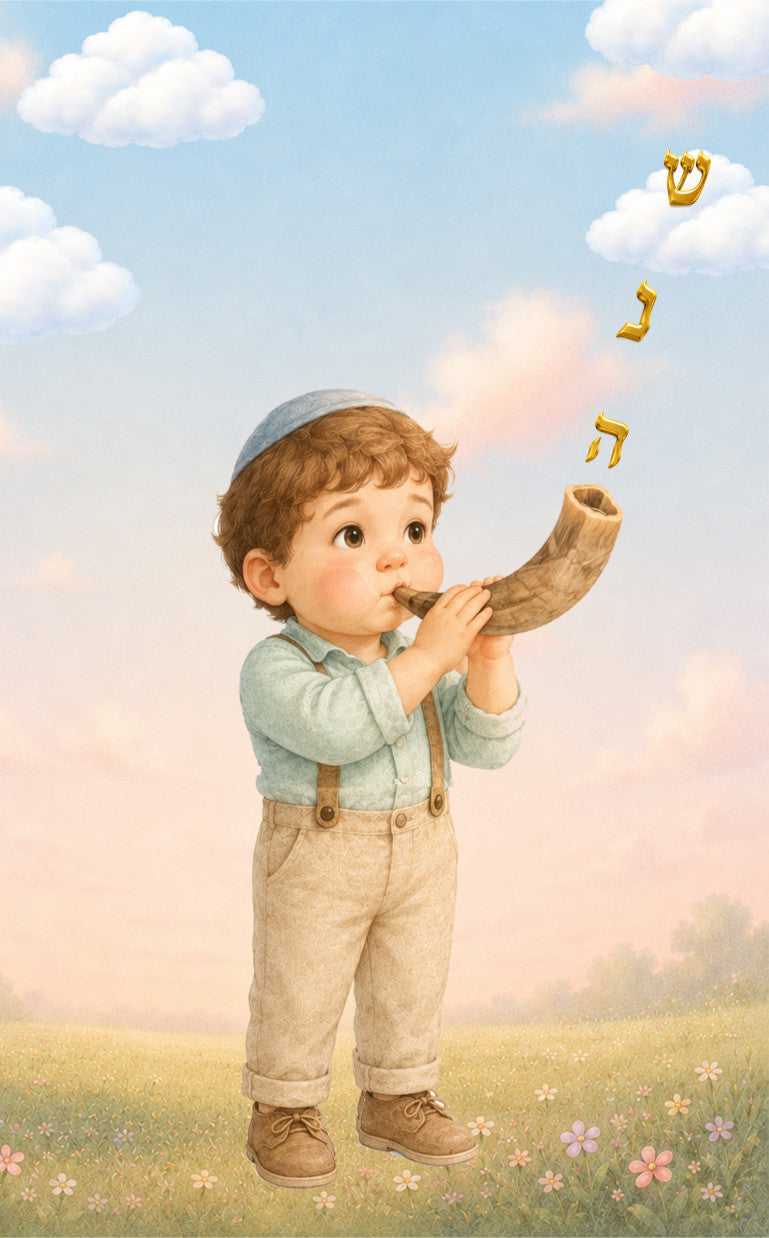 Rosh Hashanah animation card flipbook - A soft pastel illustration of a young child wearing a blue kippah and light blue shirt with beige overalls, blowing a shofar horn in an outdoor field under a blue sky with clouds. Gold Hebrew letters float above.