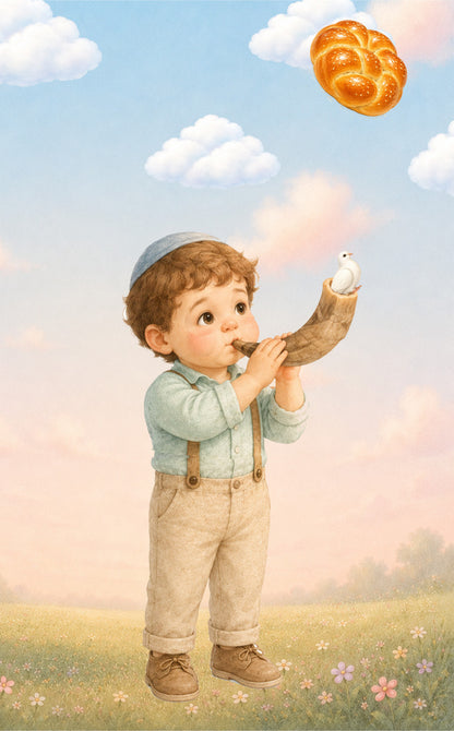 Rosh Hashanah flipbook - A whimsical illustration of a young child in a light blue shirt and beige overalls standing in a grassy field under a blue sky with clouds, blowing a horn while a golden braided bread ball floats in the air.