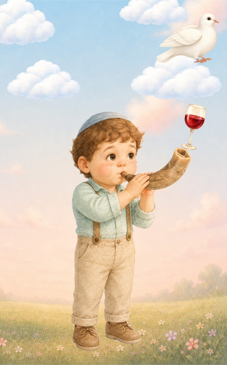 Jewish New year Rosh Hashanah flipbook - A whimsical illustrated scene of a young child wearing a blue kippah and light blue shirt with beige overalls, blowing a shofar horn while holding a glass of red wine. A white dove flies in a blue sky with clouds above a grassy field.