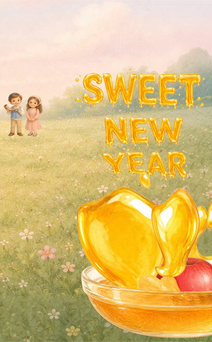 Animation flipbook - A festive New Year graphic with the words 'SWEET NEW YEAR' in large golden letters over a soft pastel landscape. In the foreground, a glass bowl contains golden honey dripping over a red apple.
