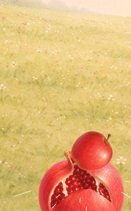 Rosh Hashanah flipbook - A close-up of a red pomegranate, partially opened to reveal its deep red seeds, with a whole pomegranate resting on top, set against a soft-focus background of a green grassy field.