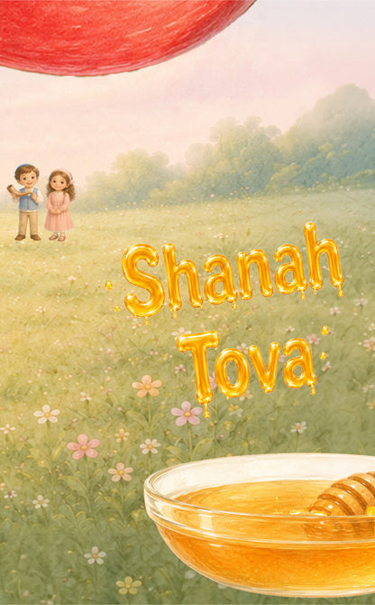 Rosh Hashanah flipbook featuring the title 'Shanah Tova' in large golden-yellow dripping letters over a pastoral field scene. Two small children stand in the distance, and a bowl of honey with a honey dipper appears in the lower right corner.