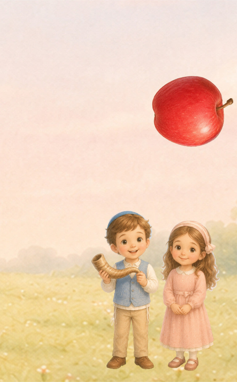 Rosh Hashanah flipbook - A soft pastel illustration of two children standing in a grassy field under a pale sky, with a large red apple floating above them.