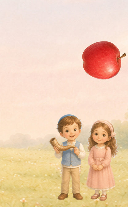 Rosh Hashanah flipbook - A soft pastel illustration of two children standing in a grassy field under a pale sky, with a large red apple floating above them.