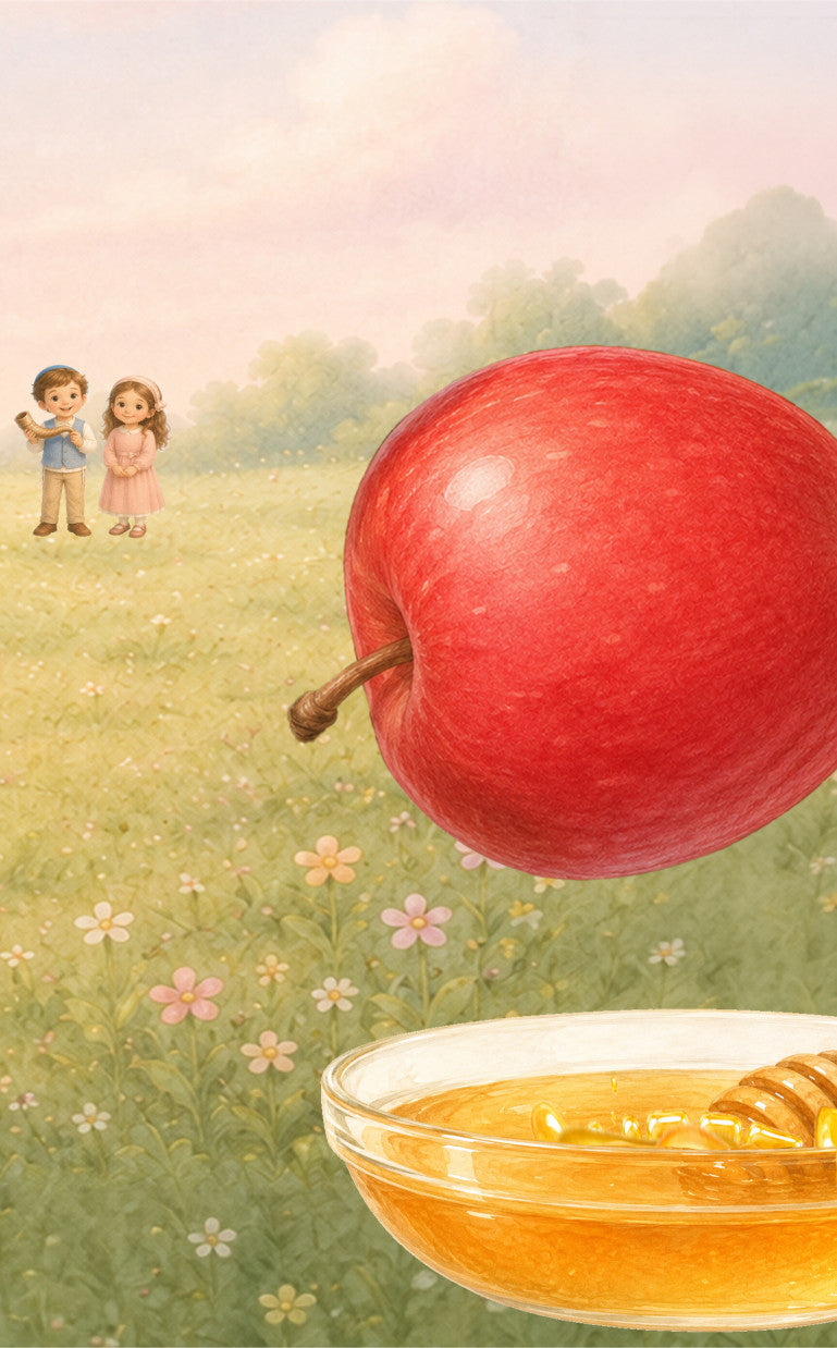 Shanah Tovah  Flip Book - A large red apple hovers over a glass bowl of golden honey in a soft, dreamy outdoor field scene with small flowers and two distant children.