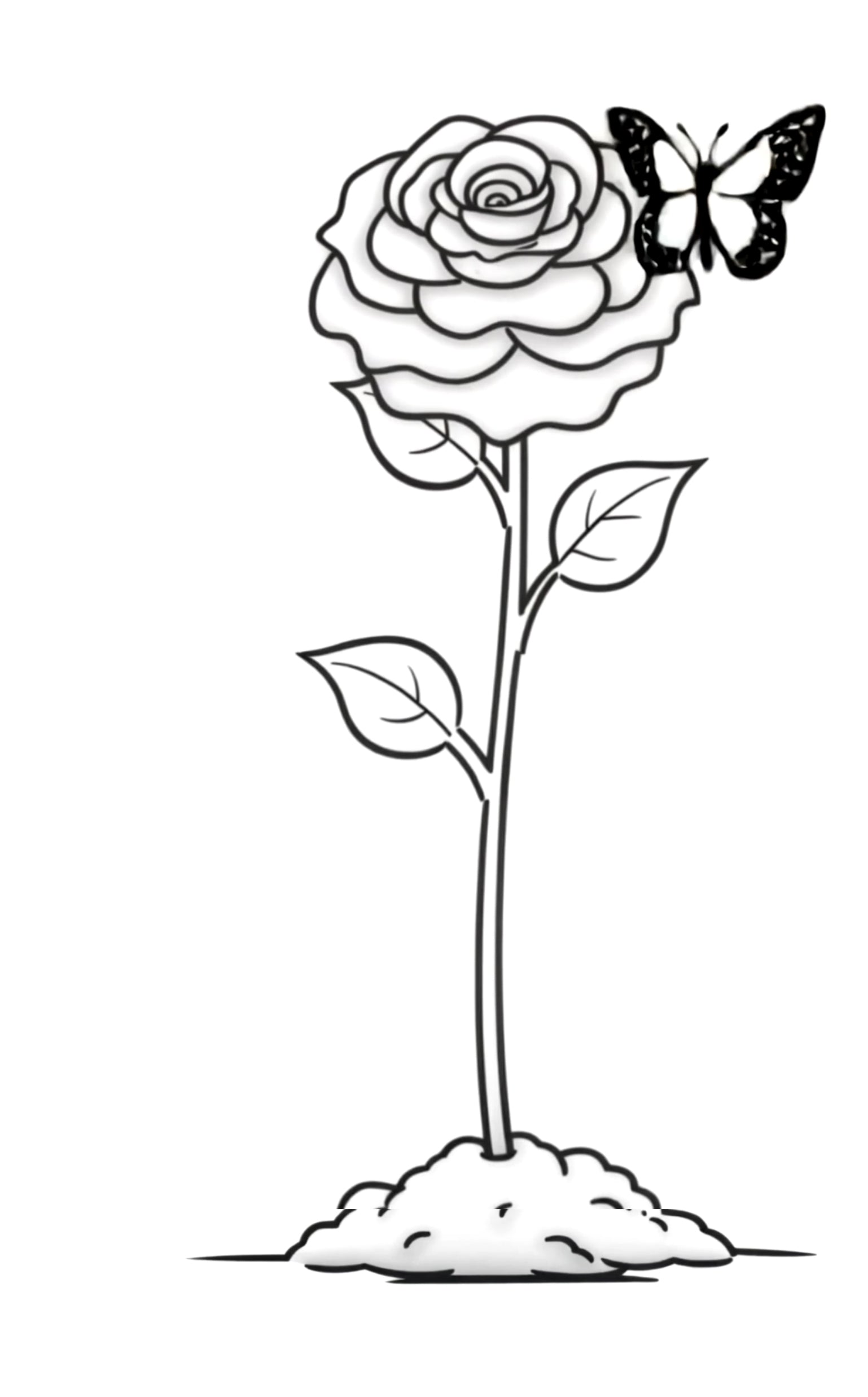 DIY coloring card - Black and white line art illustration of a single rose with leaves and a butterfly near the bloom, shown against a plain white background.