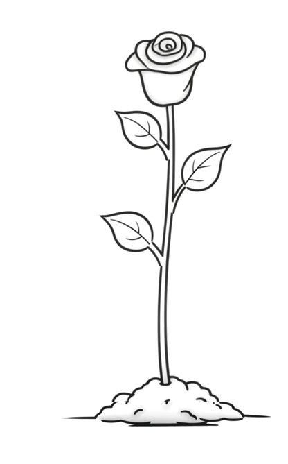 Animated flip book - Black and white line art illustration of a single rose stem with leaves growing from a mound of soil, centered on a white background.