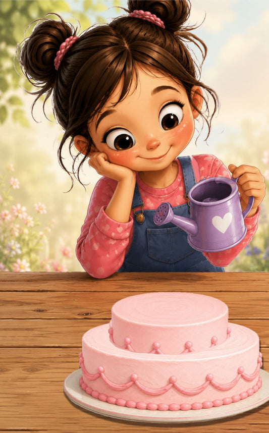 Animated stop motion book - A cartoon-style illustration of a young girl with brown hair in two buns, wearing a pink shirt and blue overalls, holding a purple watering can next to a pink two-tier cake on a wooden table.