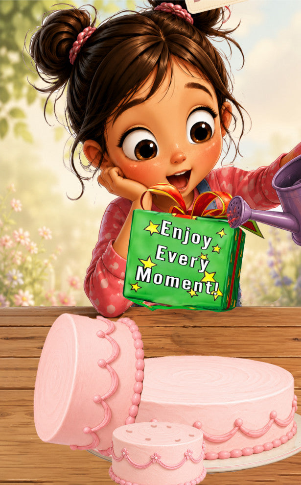 Animated flipbook for birthday - A cartoon-style illustration of a young girl with brown pigtails smiling behind a pink birthday cake and a pink gift box with the text 'Enjoy Every Moment!'.